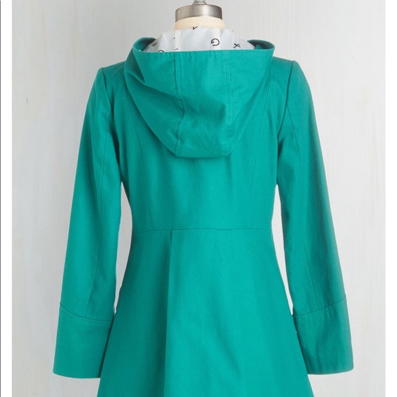 NWOT Stylish teal canvas ModCloth hooded raincoat - Picture 2 of 4